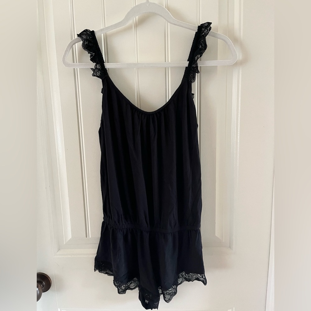 Eberjey black pajama romper with lace detail